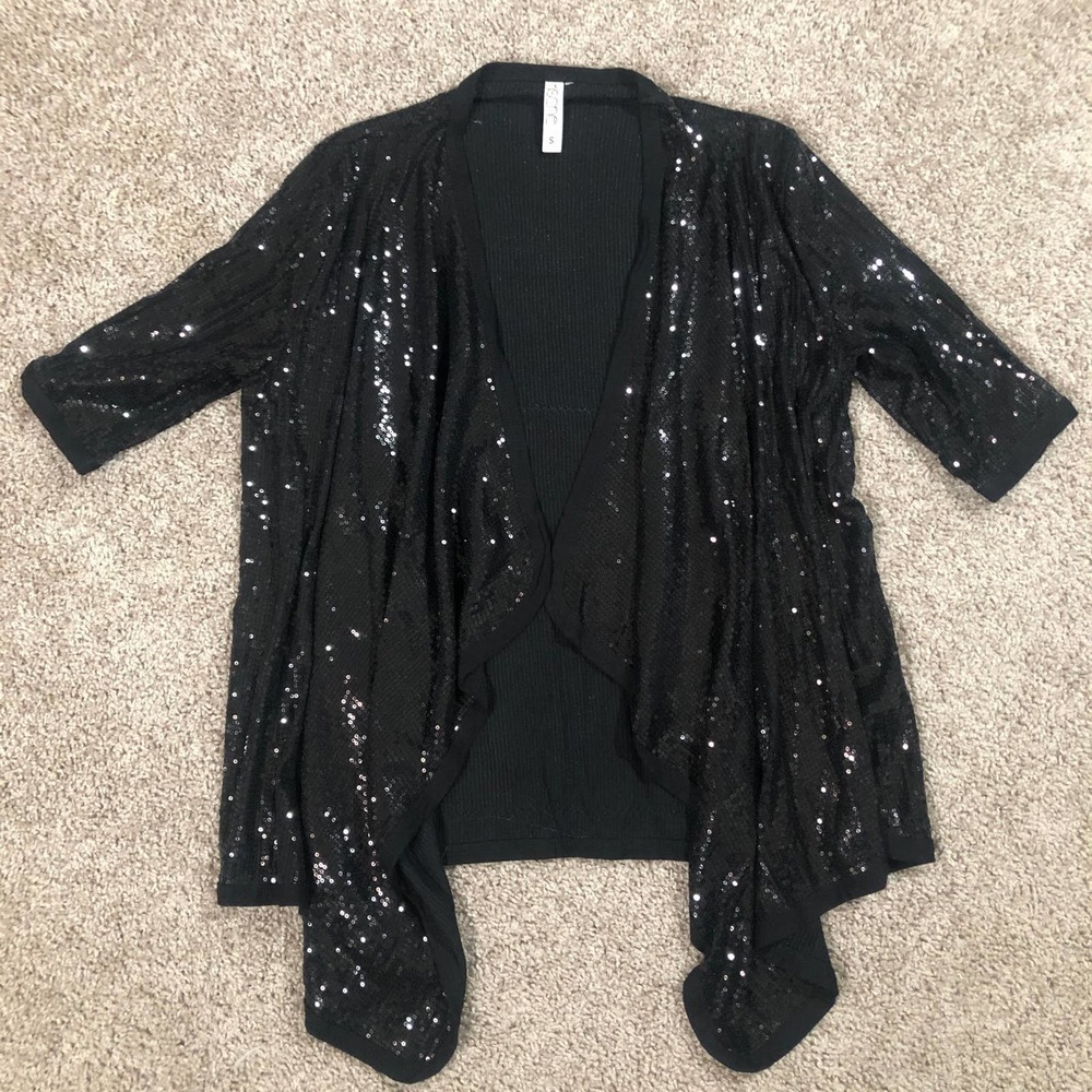 Kische Black Sequin Open Waterfall Cascade Front Cardigan Small - Picture 7 of 10